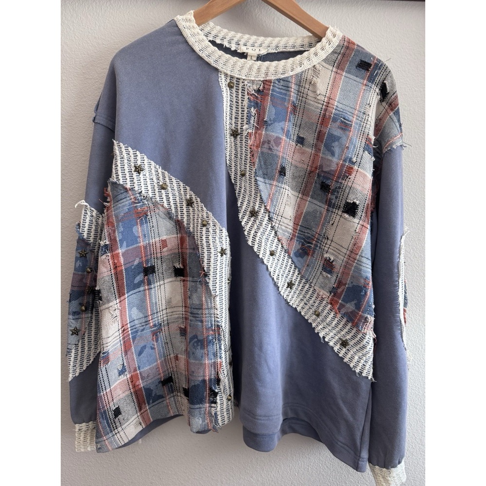 POL Anthropologie Plaid Blue Patchwork Stars Women's Size Large